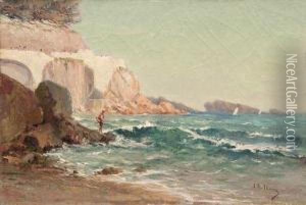 Pecheur En Contrebas De La Corniche A Marseille. Oil Painting - Louis Nattero