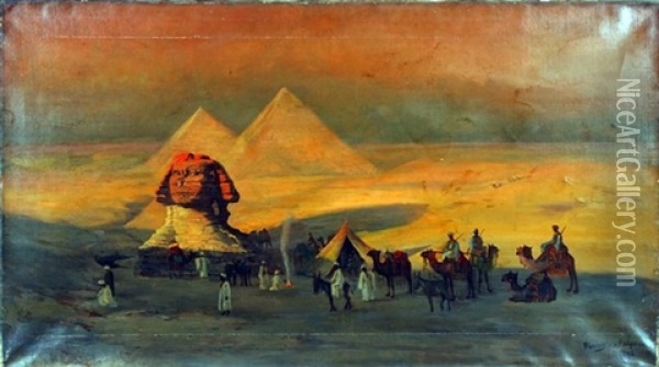 Sphinx With Figures On Camels Oil Painting - W. Livingston Anderson