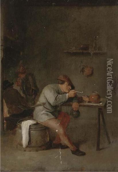 A Smoking Man In An Interior Oil Painting - Adriaen Jansz. Van Ostade