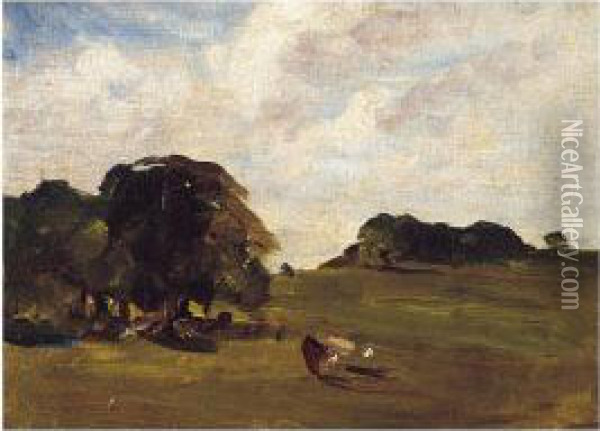 Cattle At Pasture In A Parkland Oil Painting - Nathaniel R.H.A. Hone Ii,