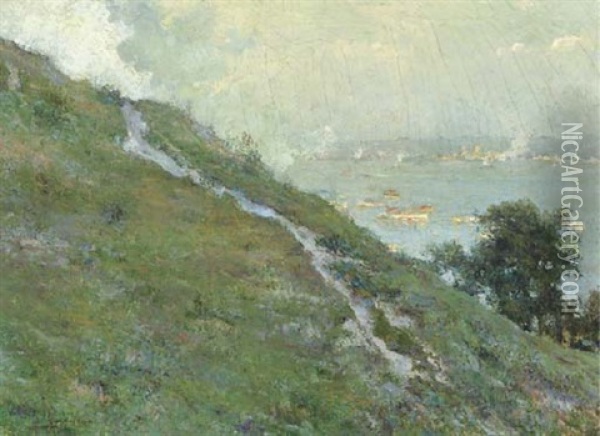 View Of A Harbor From A Hilltop Oil Painting - Luis Graner y Arrufi