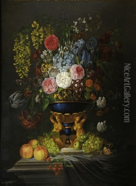 Bouquet De Fleurs (+ Another; Pair) Oil Painting - Edouard Joseph Francois Autrique
