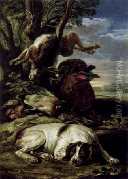 Jagdstilleben In Einer Landschaft Von Einem Jagdhund Bewacht Oil Painting - David de Coninck