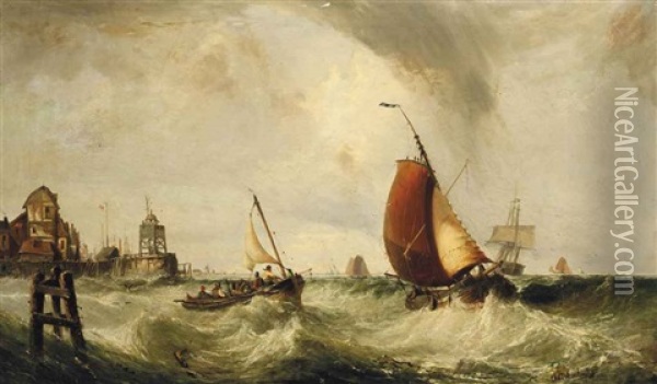 Shipping In A Stiff Onshore Breeze Oil Painting - John Cheltenham Wake