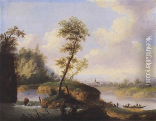 Flusslandschaft Mit Fischern Und Booten Oil Painting - Franz Hochecker