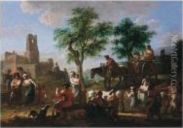 A Landscape With A Horse And Cart And Other Travellers Near Ruins Oil Painting - Joseph Conrad Seekatz