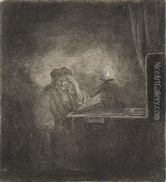 A Student At A Table By Candlelight Oil Painting - Rembrandt Van Rijn