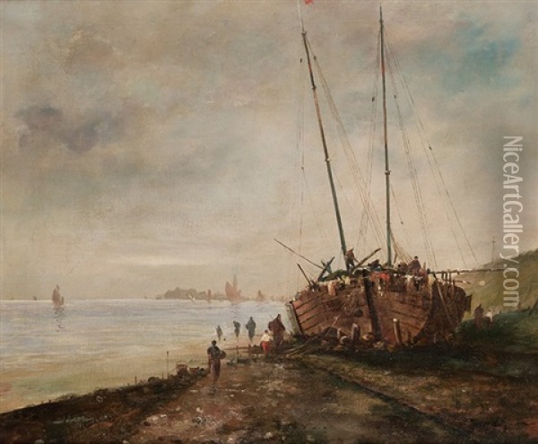 Paisaje Costero Con Barco Oil Painting - Jacob Willem Gruyter