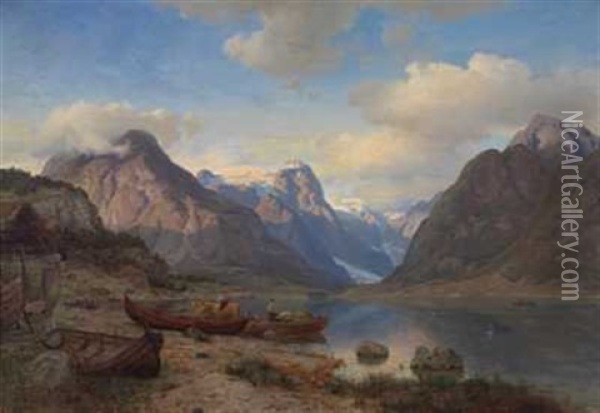 Indre Fjaerlandsfjord I Sogn Oil Painting - Hans Frederick Gude