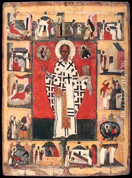 St Nicholas with Scenes from his Life Oil Painting - Russian Unknown Master