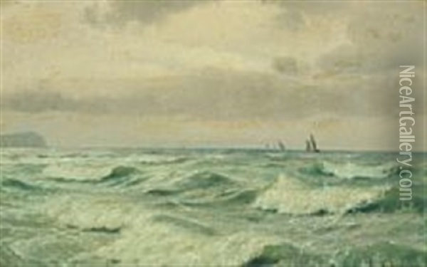 Sailboats At Sea With Breaking Waves In The Foreground Oil Painting - Carl Johann Neumann