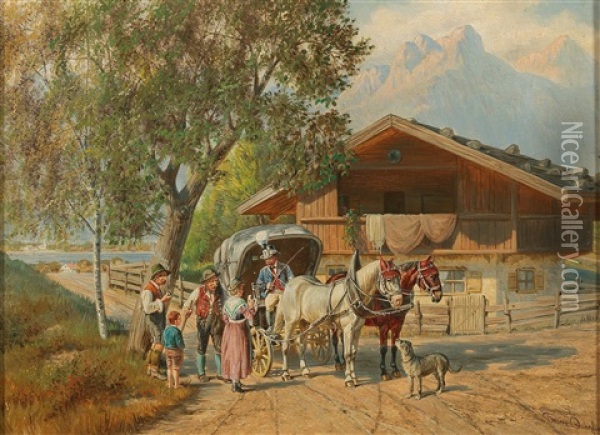 Coach Resting By A Bavarian Lake Oil Painting - Franz Quaglio