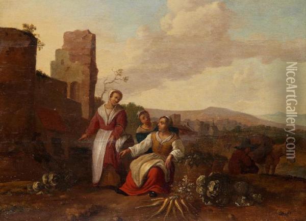 Italienskt Landskap Med Tre Kvinnor Oil Painting - Hendrick Mommers