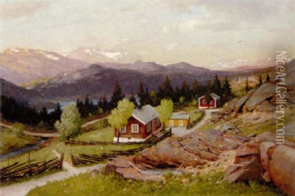 Parti Fra En Norsk Bygd. I Baggrunden Sneklaedtebjegge Oil Painting - Andreas Edvard Disen