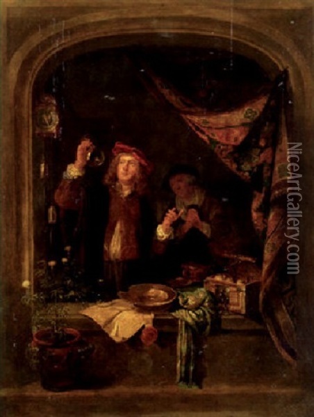 A Quack Standing At A Window Inspecting The Urine Of A Woman Standing Nearby Oil Painting - Gerrit Dou