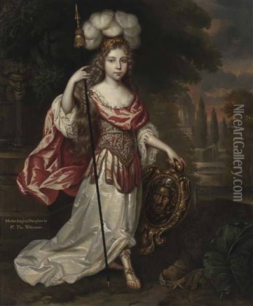 Portrait Of Madame Lagley, Daughter To Sir Thomas Whitemore, In A White And Pink Roman Dress, Holding A Spear And Shield Depicting The Medusa, With Classical Buildings Beyond Oil Painting - Pierre Mignard the Elder
