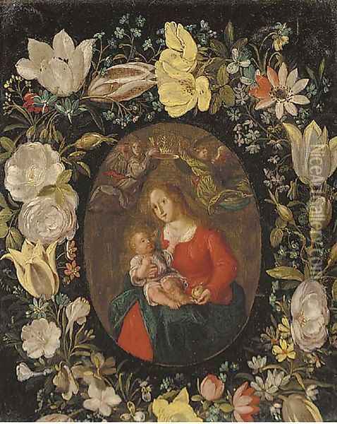 The Virgin and Child set in a feigned cartouche of tulips, roses and other flowers Oil Painting - Jan van, the Younger Kessel