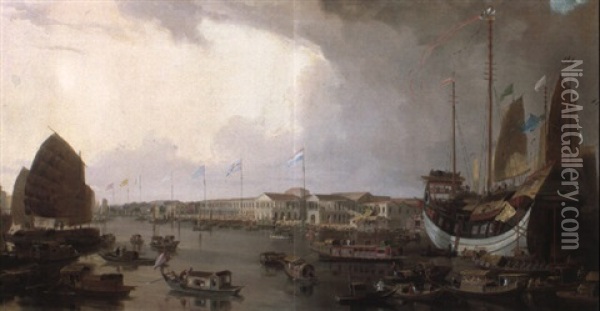 A View Of The European Factories At Canton In China Oil Painting - William Daniell