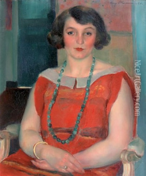 Jeune Femme Assise A La Robe Rouge, 1924 Oil Painting - Henri Ottmann