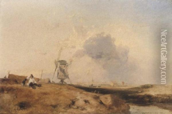 A Figure Seated Beside A Windmill, Sandwich, On The Kent Coast Oil Painting - James Baker Pyne