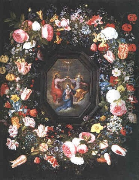 A Garland Of Lilies, Roses, Carnations, Tulips, Irises, A Fritillary And Other Flowers Surrounding A Painting Of The Coronation Of The Virgin Oil Painting - Andries Daniels
