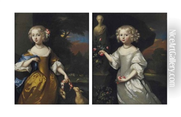 Portrait Of A Girl, Three-quarter-length, In A Oyster Satin Dress, Beside A Statue In A Landscape; And Portrait Of A Girl, Three-quarter-length, In A Gold Dress And Blue Wrap Oil Painting - Aleijda Wolfsen