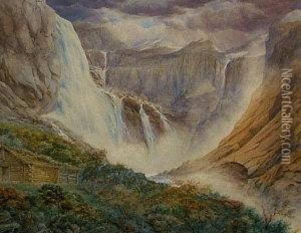 Extensive Waterfall Landscape Oil Painting - Francis Danby