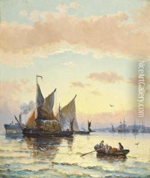Hay Barges On The Medway At Dusk Oil Painting - William A. Thornley Or Thornber