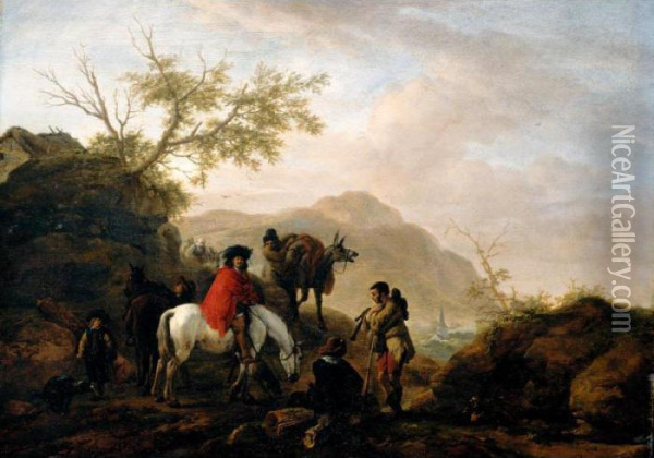 A Cavalier On A White Horse With Other Travellers On A Rocky Road, Mountains Beyond Oil Painting - Pieter Wouwermans or Wouwerman