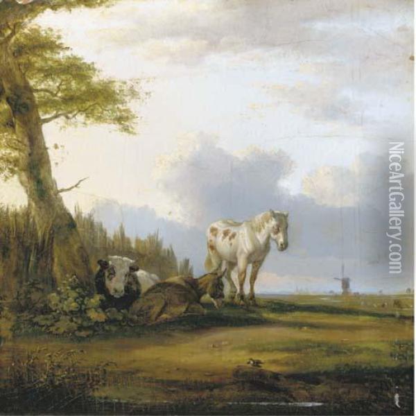 A Horse, A Donkey And A Cow Resting Near A Tree Oil Painting - Paulus Potter