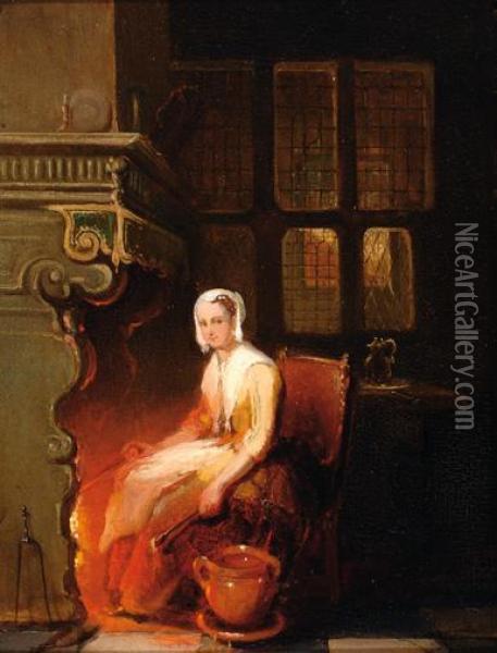 Interior With Woman By Afire Oil Painting - Antoine Balthasar Stroebel Johannes