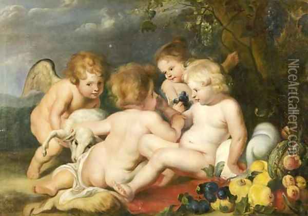 The Infant Christ and the Infant Saint John the Baptist seated in a landscape attended by Angels Oil Painting - Sir Peter Paul Rubens