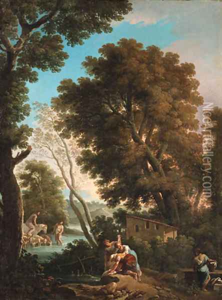 An arcadian landscape with washerwomen, a shepherd and sheperdess crossing a stream beyond Oil Painting - Andrea Locatelli