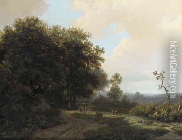 Figures Conversing On A Sandy Track At The Edge Of A Forest Oil Painting - Marianus Adrianus Koekkoek