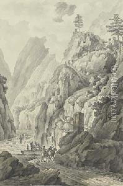 A Gorge In The Caucasus, Perhaps The Valley Of The Terek, Withtravellers On A Road Oil Painting - Giacomo Quarenghi