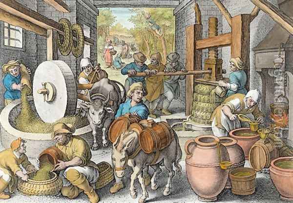 The Production of Olive Oil, plate 13 from Nova Reperta New Discoveries engraved by Philip Galle 1537-1612 c.1600 Oil Painting - Giovanni Stradano