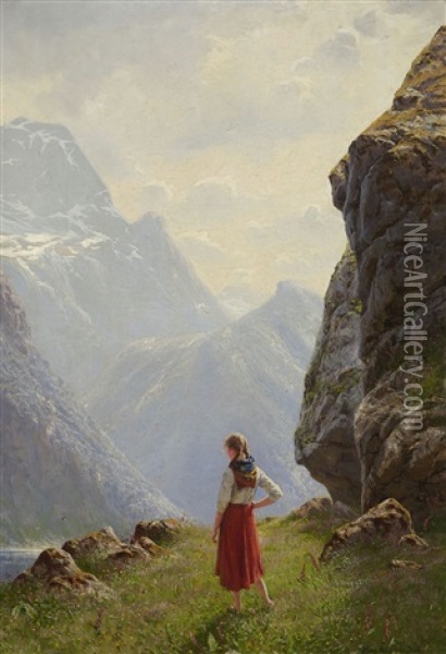 Bauernmadchen Am Fjord Oil Painting - Hans Andreas Dahl