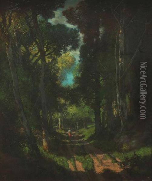 Woman On A Path In A Landscape Oil Painting - Dominique Adolphe Grenet De Joigny