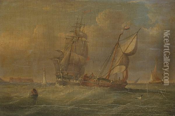 Ships Off The Perch Rock Fort And Lighthouse Oil Painting - Francis Hustwick