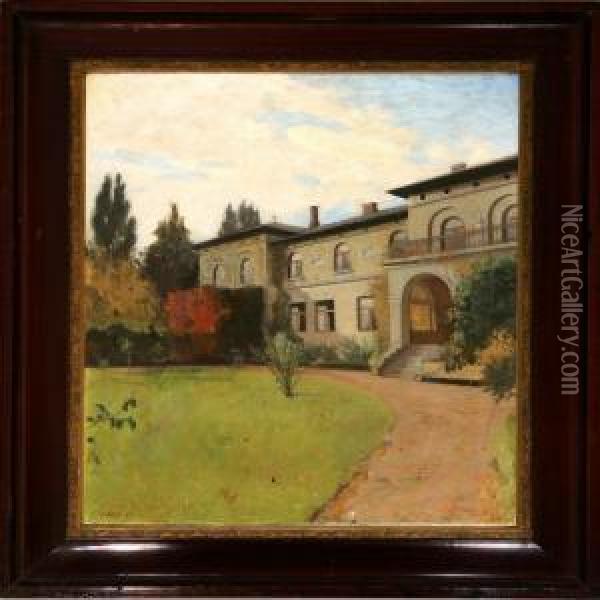 Garden View With A Villa In Southern Europe Oil Painting - Christian Mourier-Petersen