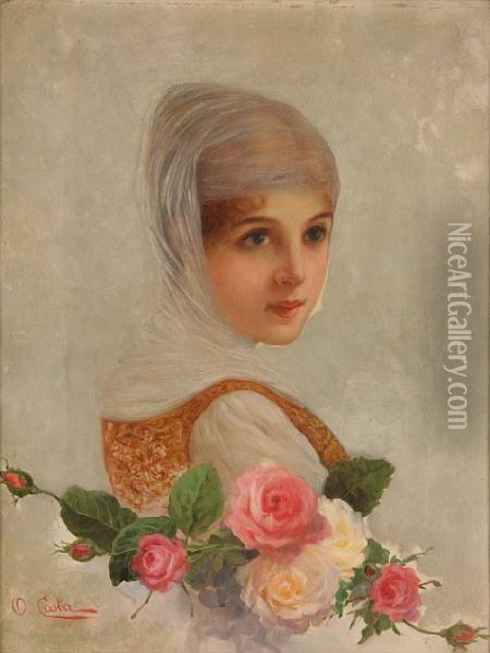 A Young Girl With Roses Oil Painting - Oreste Costa