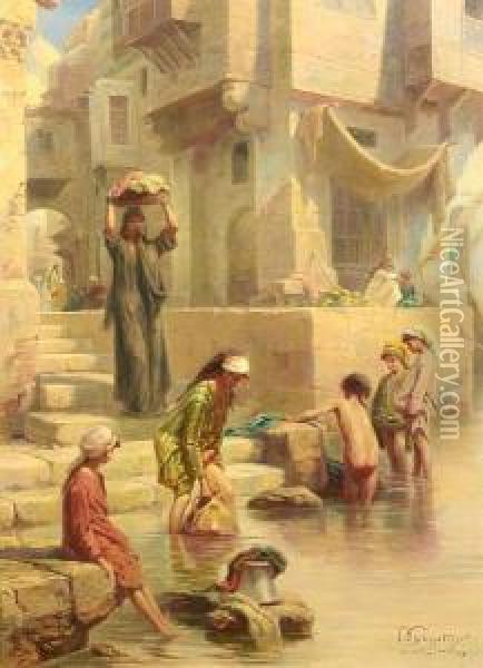 Wash Day On The Nile Oil Painting - Paul Dominique Philippoteaux