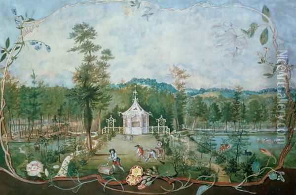 Chinese Pavilion in an English Garden, 18th century Oil Painting - Thomas Robins