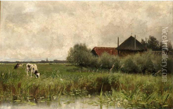 Cows In A Landscape Oil Painting - Geo Poggenbeek