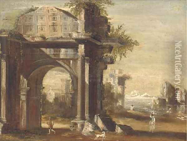 A capriccio of classical ruins by a shore, with figures in the foreground Oil Painting - Viviano Codazzi