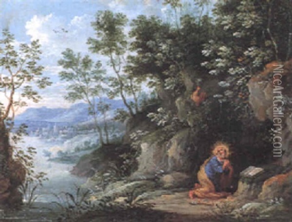 St. Peter Praying With An Extensive Landscape Beyond Oil Painting - Jasper van der Laanen