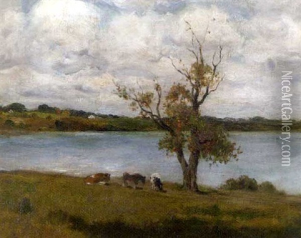 Cattle Grazing By A River Oil Painting - Charles Paul Gruppe