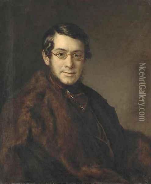 Portrait of a gentleman wearing glasses Oil Painting - Vasili Andreevich Tropinin