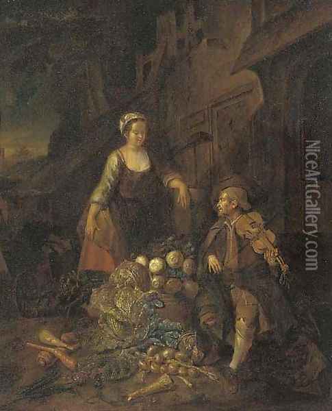 A Vegetable Seller With A Fiddle Player Oil Painting - Hendrick Maertensz. Sorch (see Sorgh)