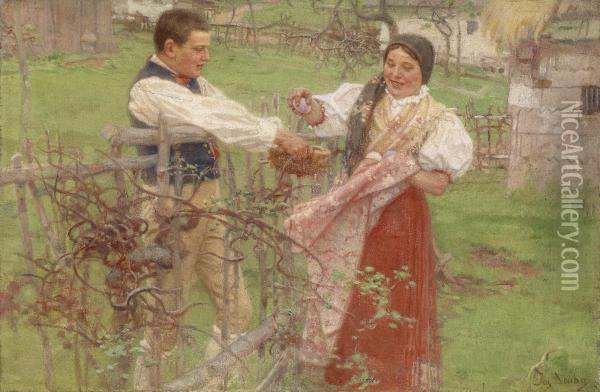At The
Fence Oil Painting - Josef Douba